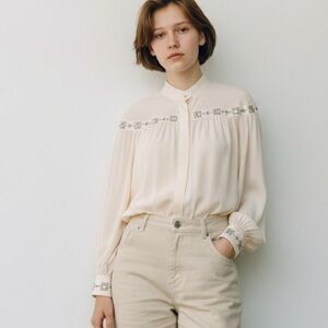 Joseph Ho Silk Lambswool Rhinestone Embellished Billowy Sleeve Blouse Cream 6 M